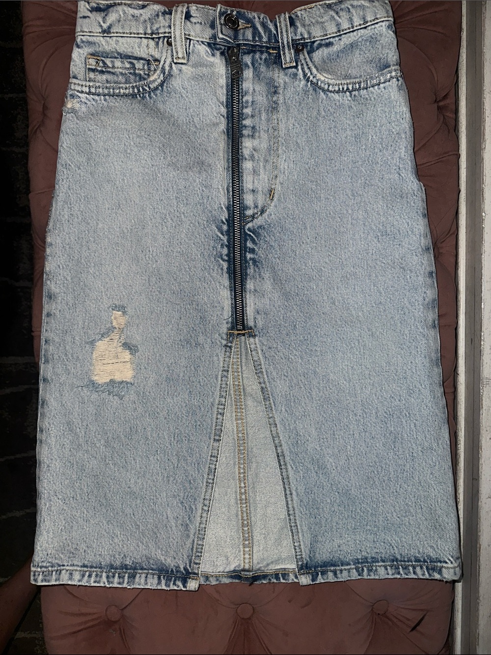 All Saints "Mabel" Distressed Acid Wash Denim Skirt